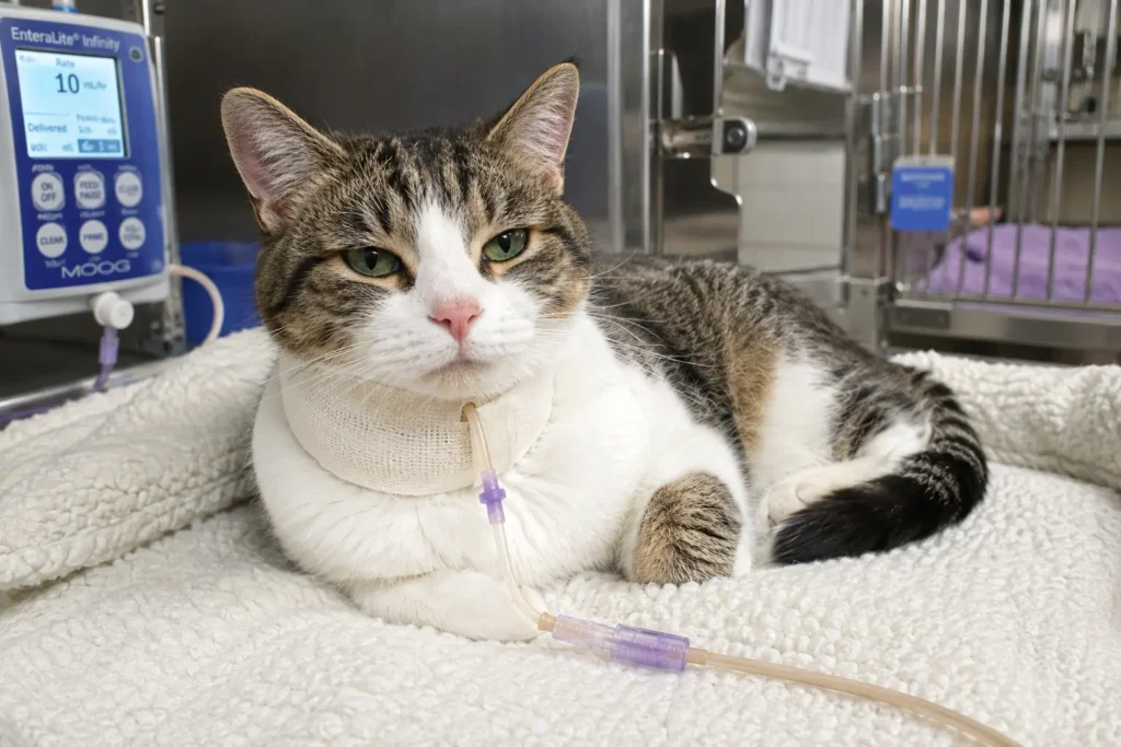 Karaciğer yağlanması tedavisinde beslenme tüpüyle desteklenen ve klinikte dinlenen kedi.