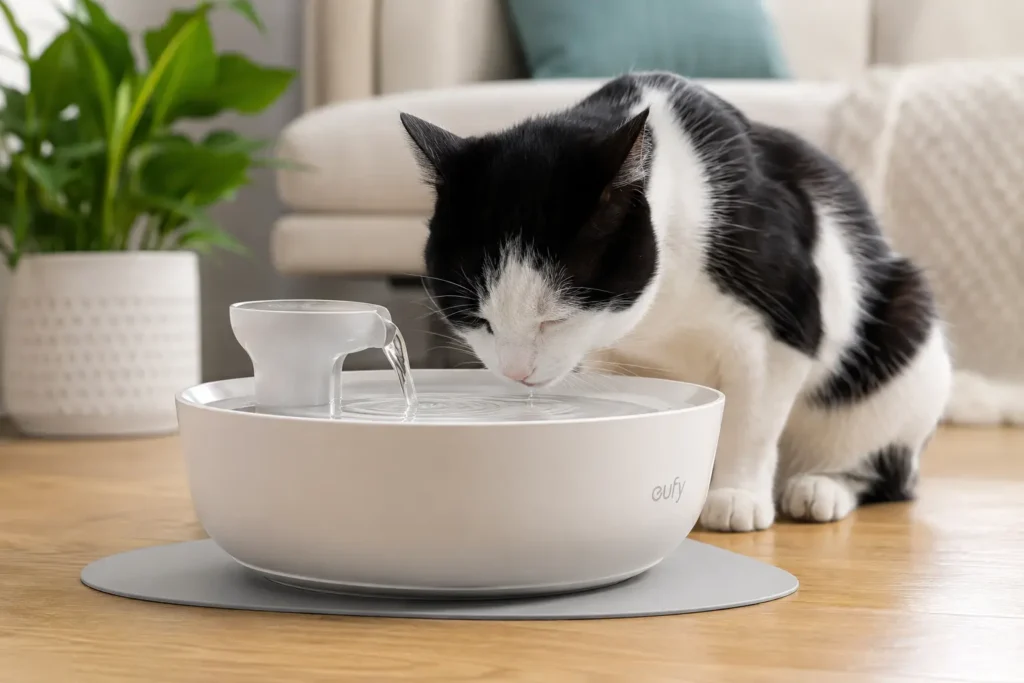Lavabo yerine filtreli kedi su pınarından su içen ev kedisi.