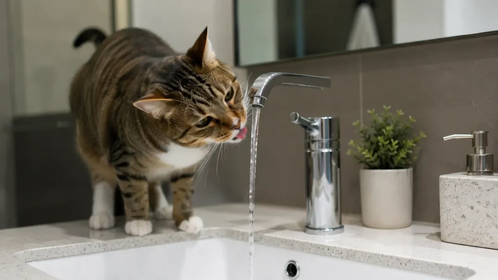 Modern bir lavabo musluğundan akan suyu içen meraklı ev kedisi.