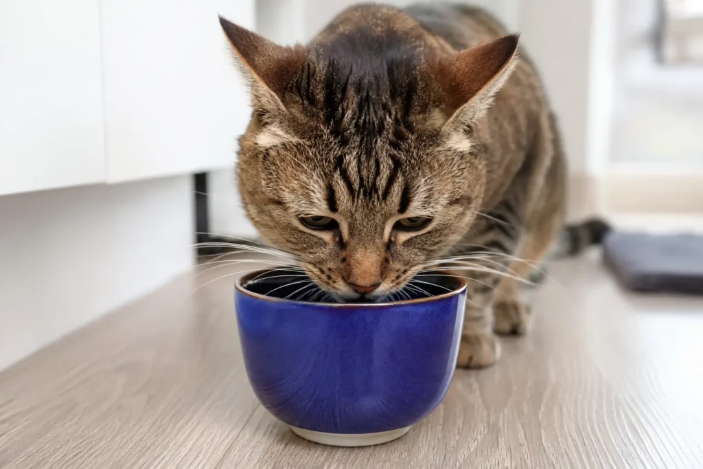 Dar su kabından içmeye çalışırken bıyıkları kabın kenarlarına değen kedi.