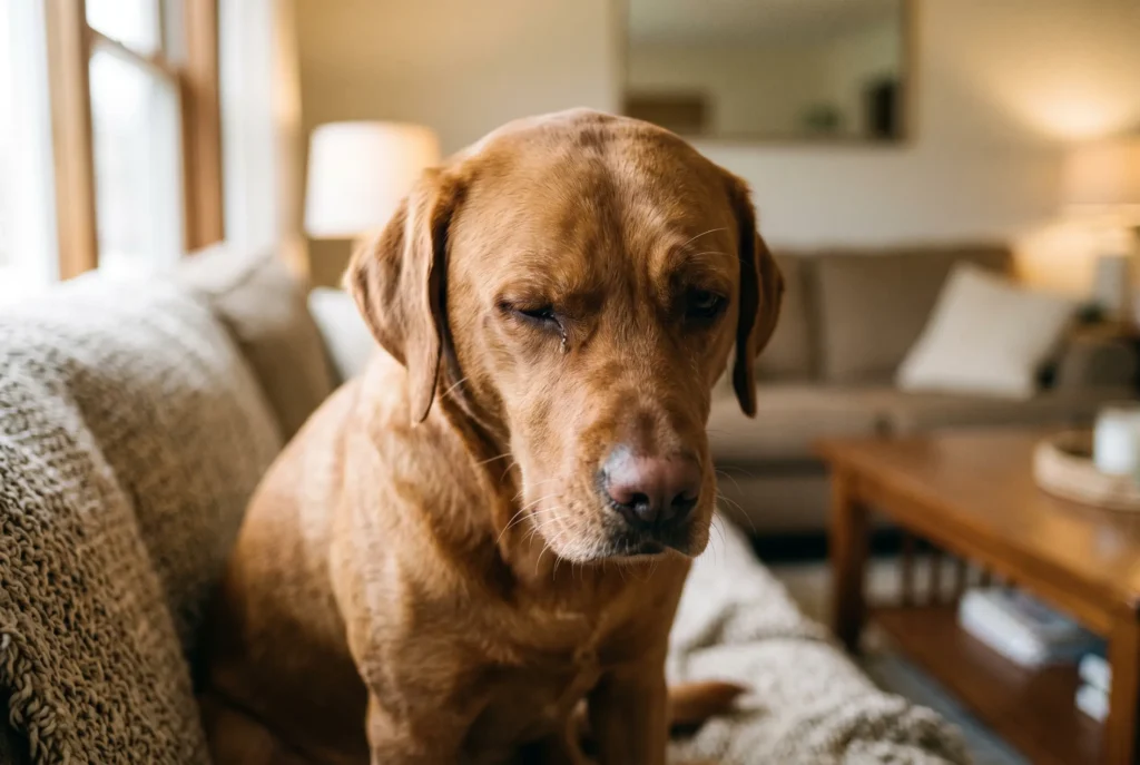 Kornea çizikleri veya göz ağrısı nedeniyle bir gözünü kısan köpek.