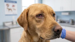 Göz çevresinde akıntı ve kızarıklık olan köpeğin yakın plan görüntüsü.