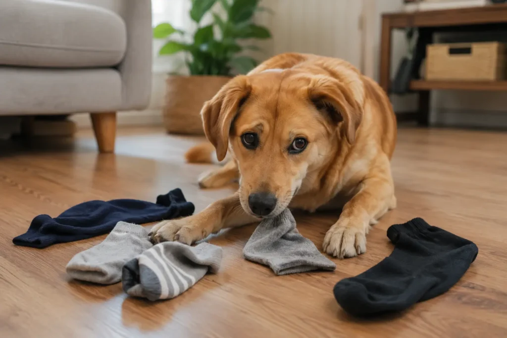 evde yerdeki çorapların yanında yatan yaramaz ve ilgili köpek.