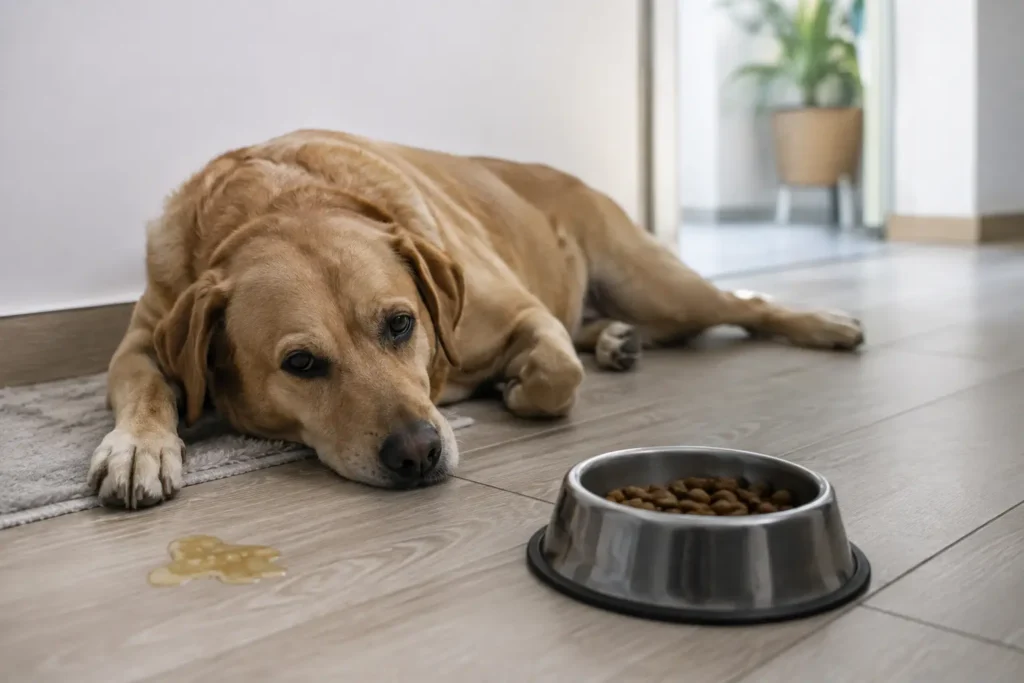 Çorap yutma sonrası kusma ve halsizlik belirtileri gösteren köpek.