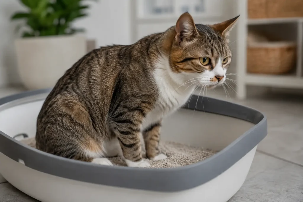 Sistit nedeniyle sık kum kabına giden ve idrar yaparken zorlanan kedi.