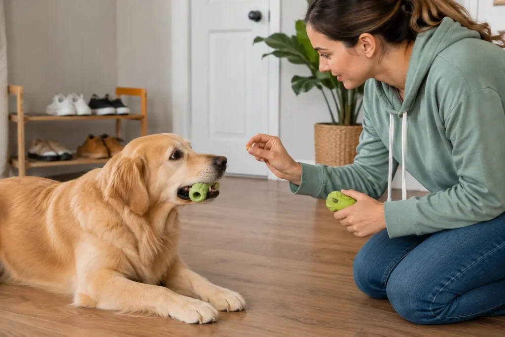 Ayakkabı yerine ödül ve oyuncakla bırak komutu eğitimi yapılan köpek.