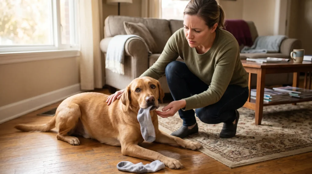 Evde çorapla yakalanan meraklı köpek ve endişeli sahibi.