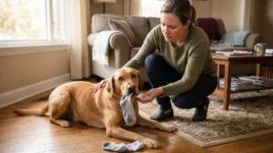 Evde çorapla yakalanan meraklı köpek ve endişeli sahibi.
