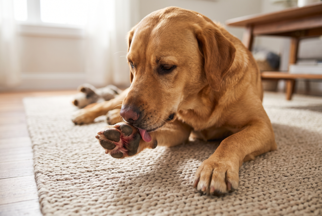 Alerjik deri hastalığında patilerini sık yalayan köpek.
