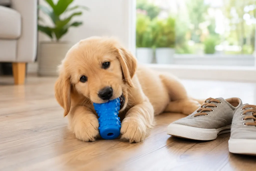 Ayakkabı yerine güvenli çiğneme oyuncağıyla oynayan yavru köpek.