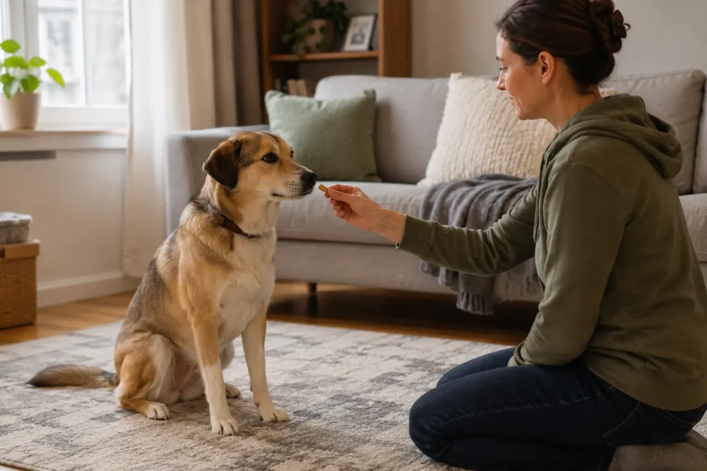 Sessizce oturduğunda sahibi tarafından ödüllendirilen köpek.
