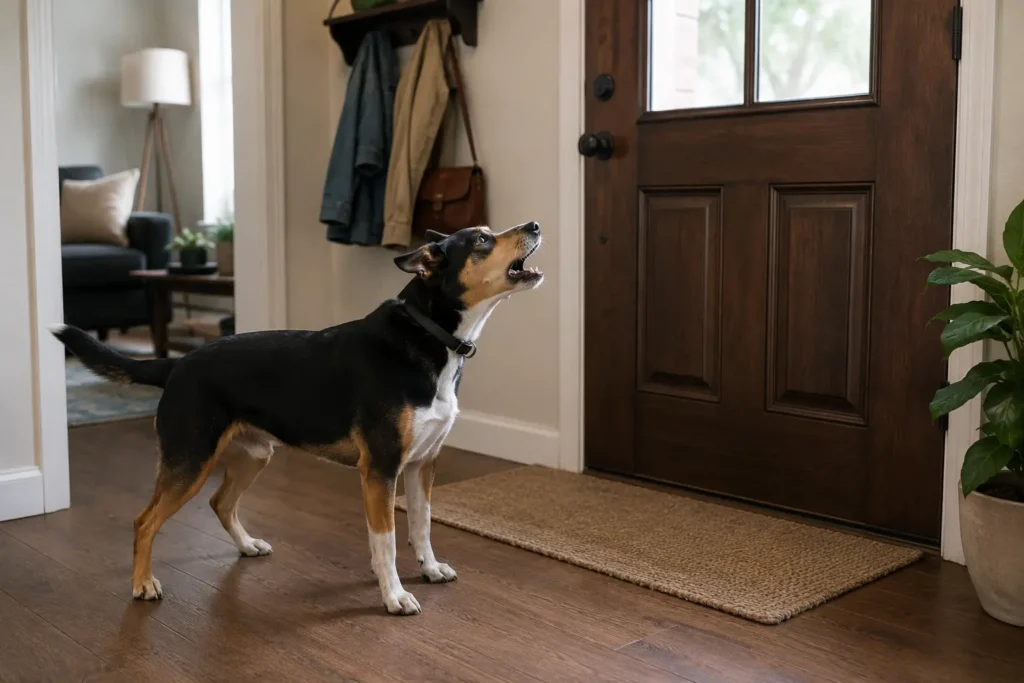 Kapı zili veya apartman sesine tepki vererek kapıya havlayan köpek.
