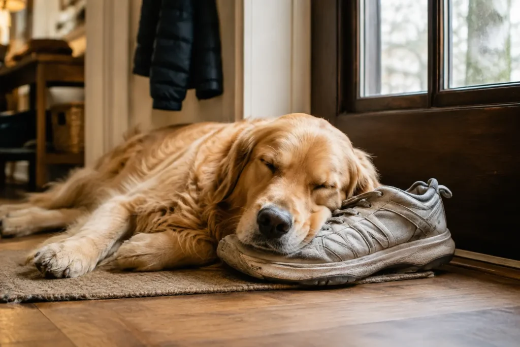 Sahibinin kokusuyla rahatlamak için çenesini ayakkabının üzerine koyarak uyuyan köpek.