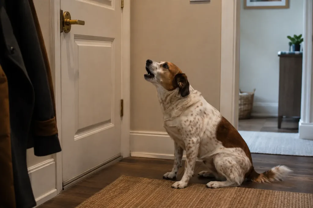 Evde yalnız kaldığında kapı yanında huzursuz görünen köpek.