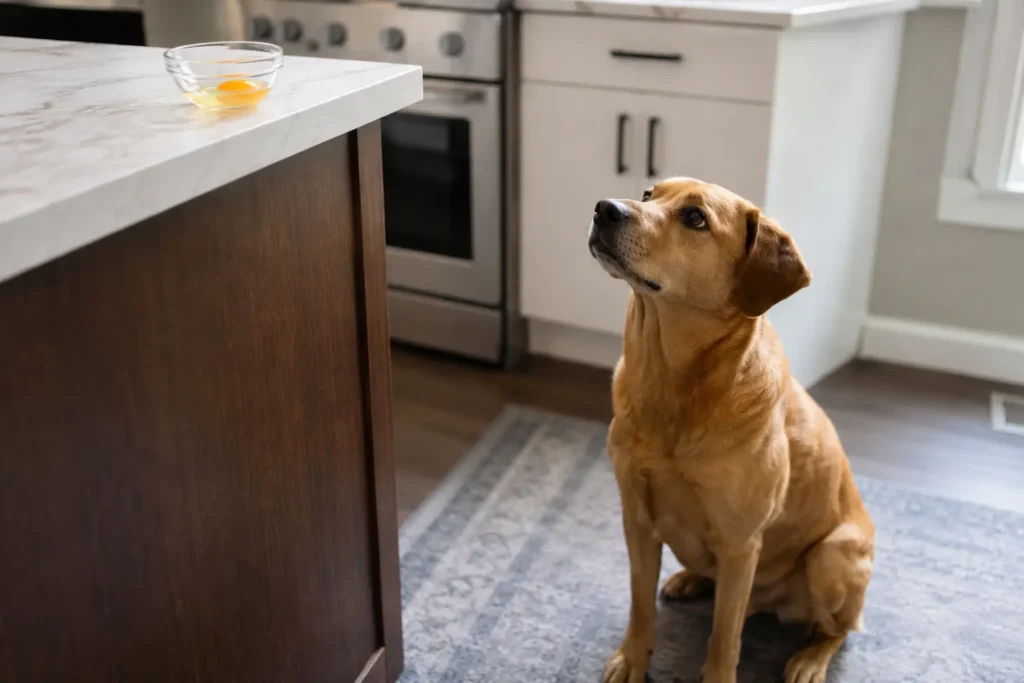 Köpekler için çiğ yumurtanın güvenli olmadığına dikkat çeken ev ortamı görseli.