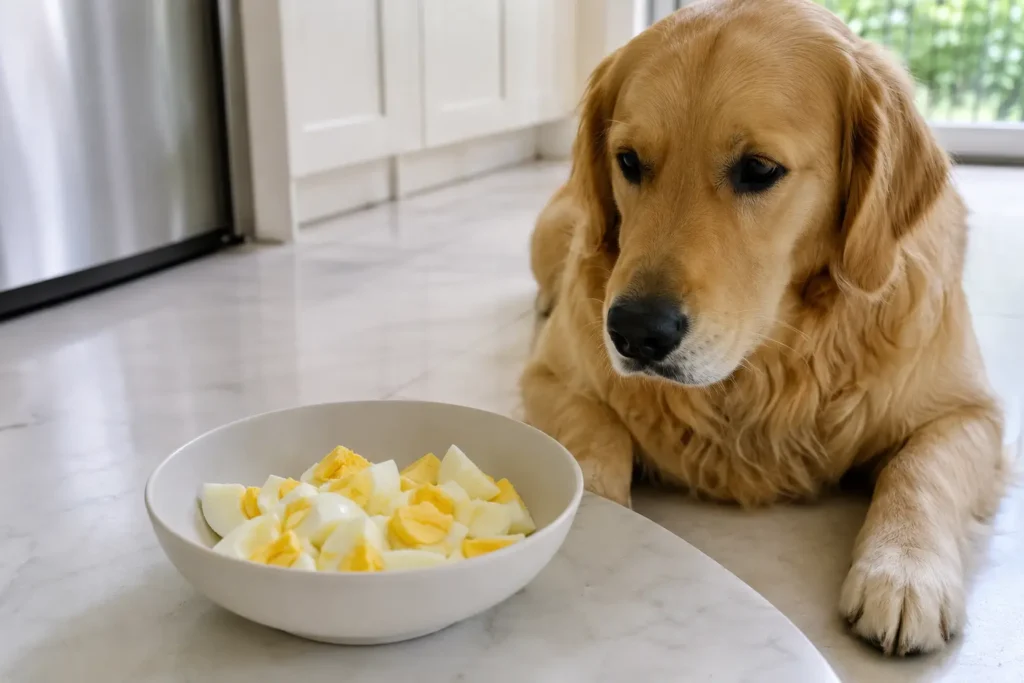 Köpekler için sade ve küçük parçalara ayrılmış haşlanmış yumurta.