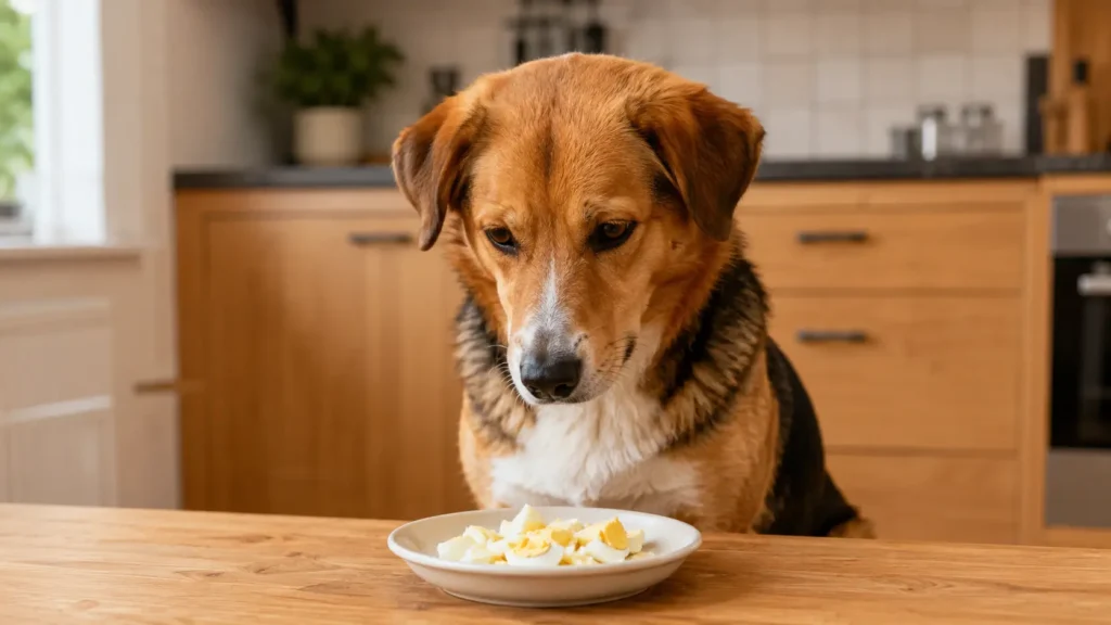 Haşlanmış yumurtaya merakla bakan köpekte güvenli yumurta tüketimi.