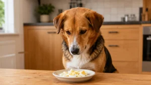 Haşlanmış yumurtaya merakla bakan köpekte güvenli yumurta tüketimi.