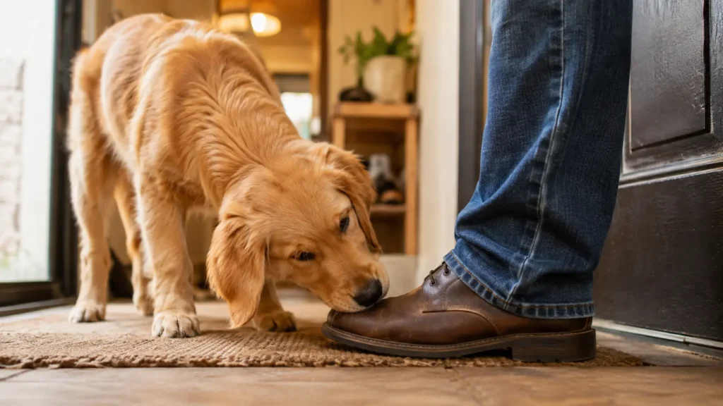 Sahibinin ayakkabısını koklayan ve çiğnemeye çalışan meraklı köpek.