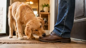 Sahibinin ayakkabısını koklayan ve çiğnemeye çalışan meraklı köpek.