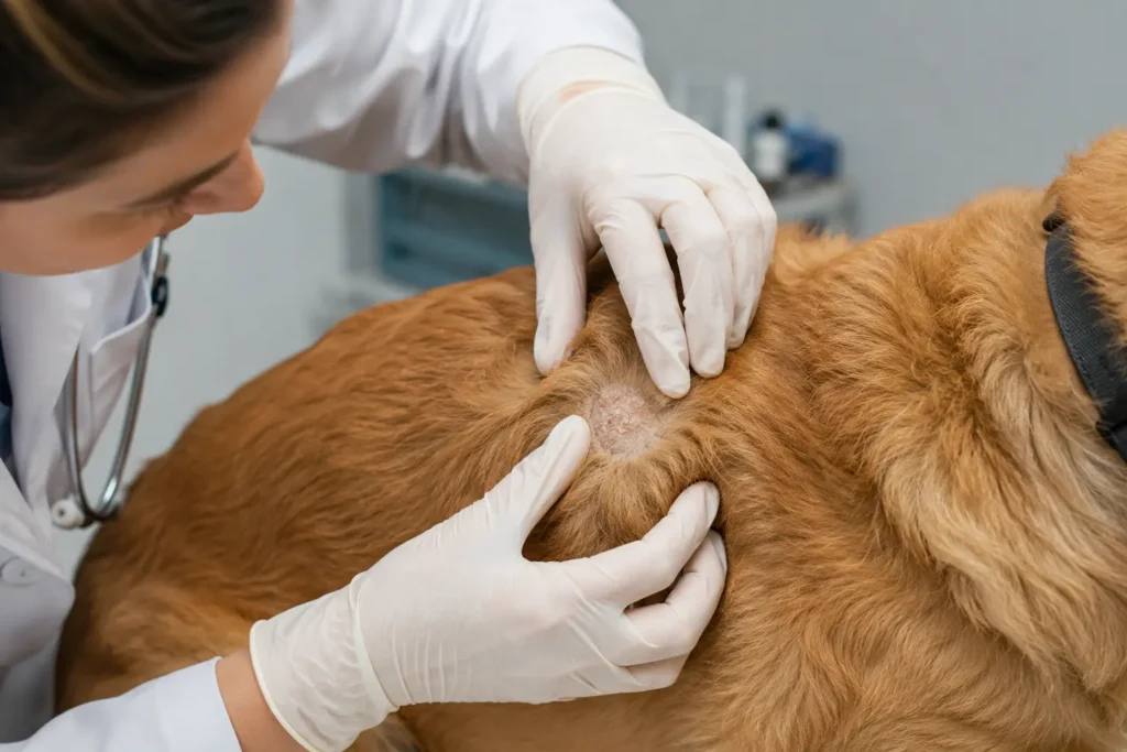 Köpekte mantar, akar veya diğer deri hastalıklarında görülebilen bölgesel tüy kaybı.