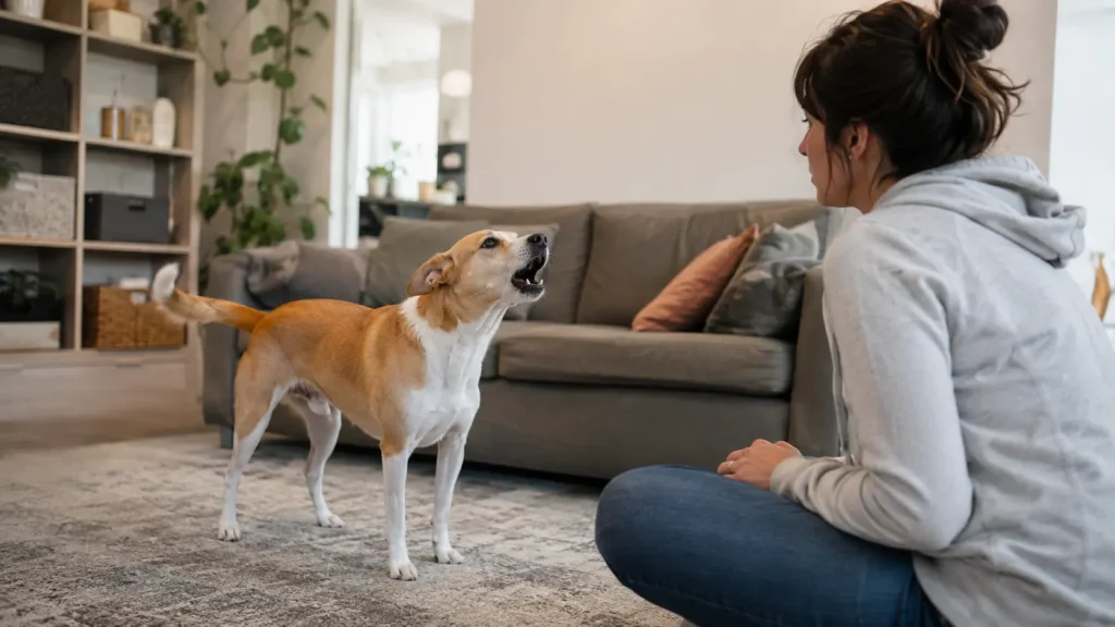 Sahibine bakarak havlayan köpekte dikkat çekme veya kaygı kaynaklı köpeklerde havlama sorunu.