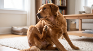 Kaşıntı ve tüy dökülmesi yaşayan köpekte deri problemi belirtileri.
