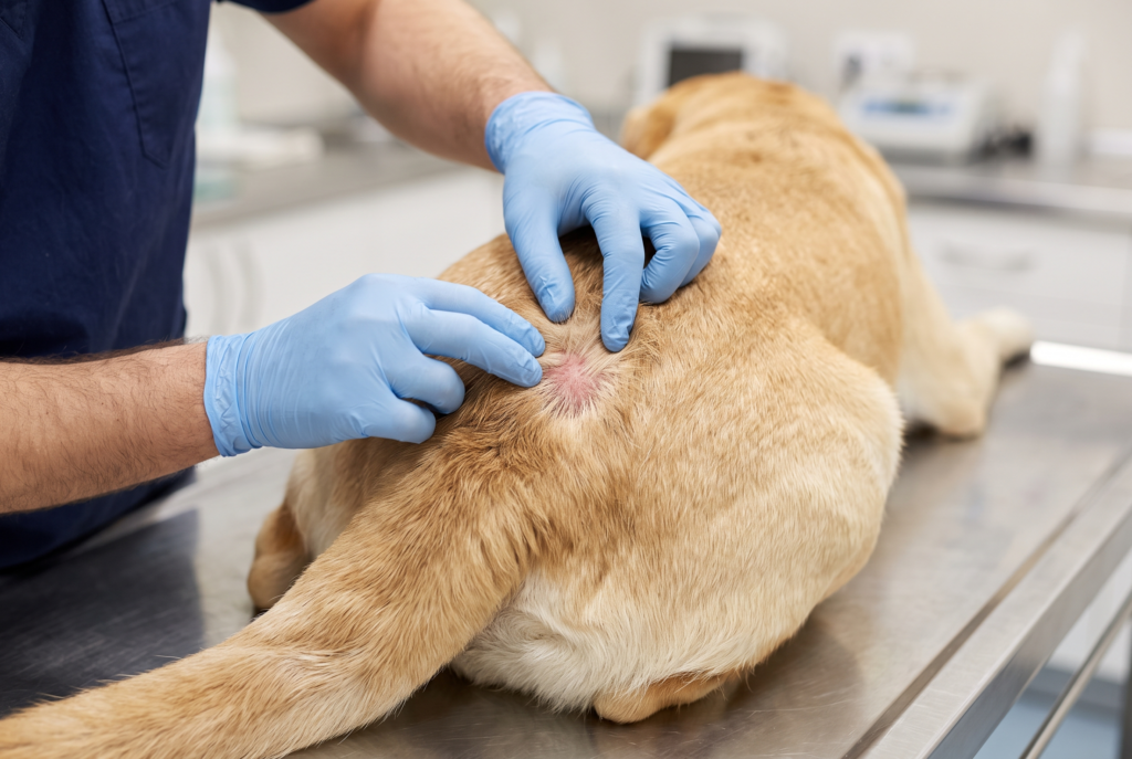 Köpeklerde pire alerjisine bağlı kuyruk kökü çevresinde kaşıntı ve tüy seyrelmesi.