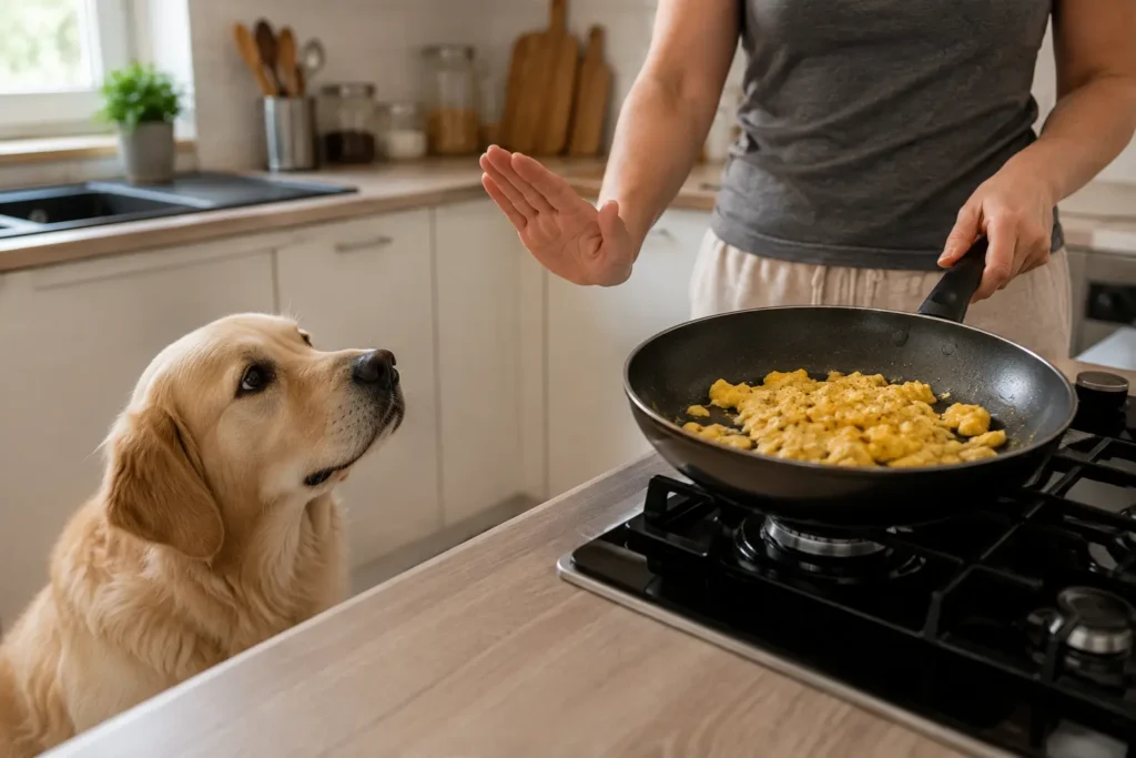Köpekler için yağlı, tuzlu ve baharatlı yumurtanın uygun olmadığını anlatan ev ortamı görseli.
