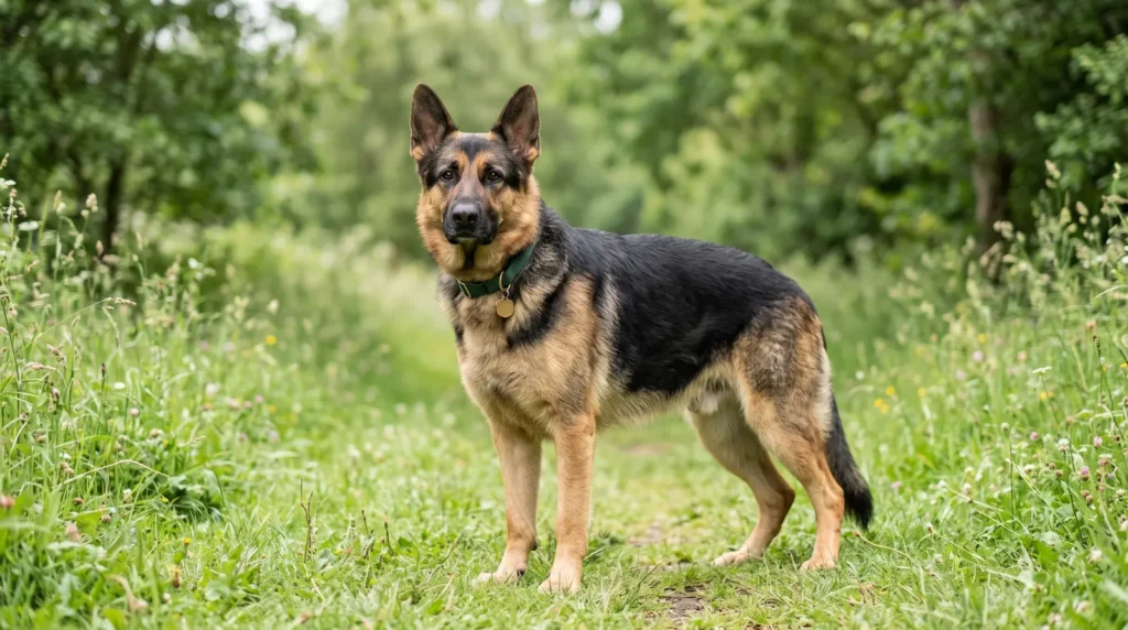 Doğal ortamda ayakta duran yetişkin Alman Çoban Köpeği.