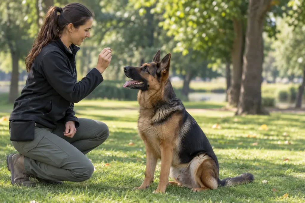 Sahibiyle olumlu temel eğitim çalışması yapan Alman Çoban Köpeği.