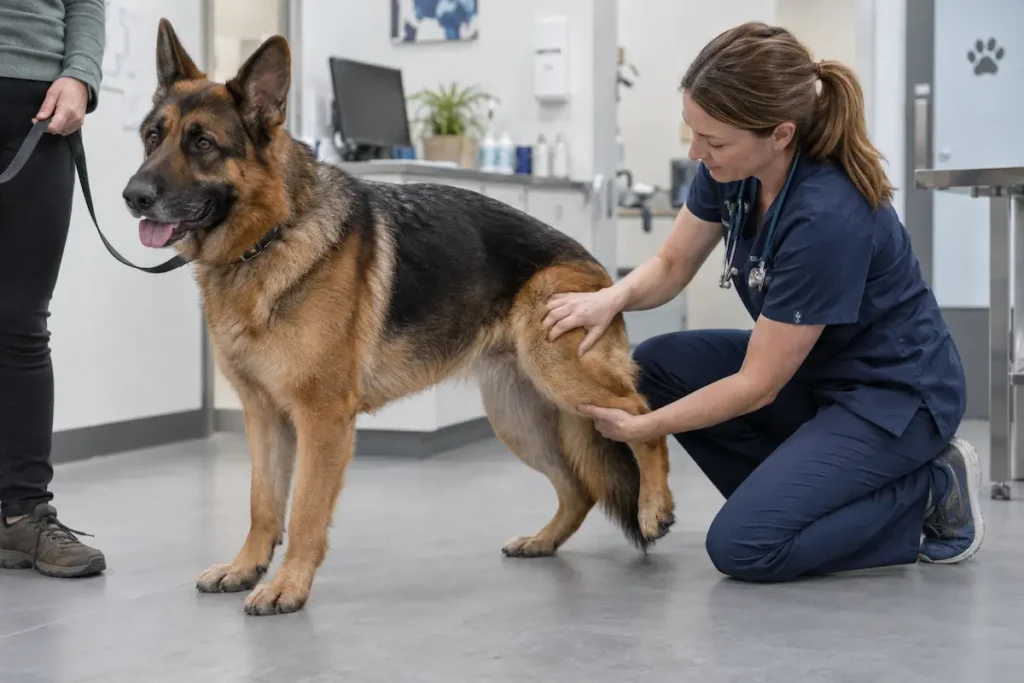 Alman Çoban Köpeğinin arka bacak ve eklem hareketlerini değerlendiren veteriner hekim.