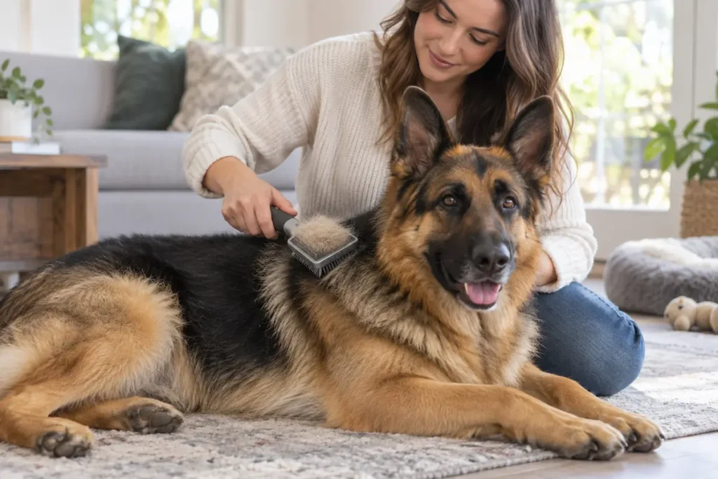 Çift katmanlı tüyleri sahibi tarafından taranan Alman Çoban Köpeği.