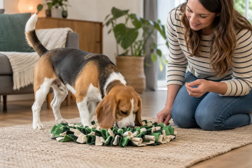 Koku oyunu ve olumlu pekiştirme eğitimi yapan Beagle.