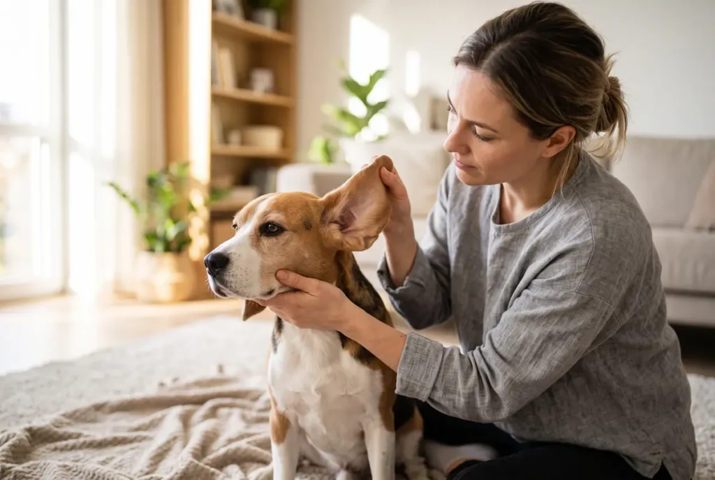 Beagle'ın dış kulağını nazikçe kontrol eden köpek sahibi.