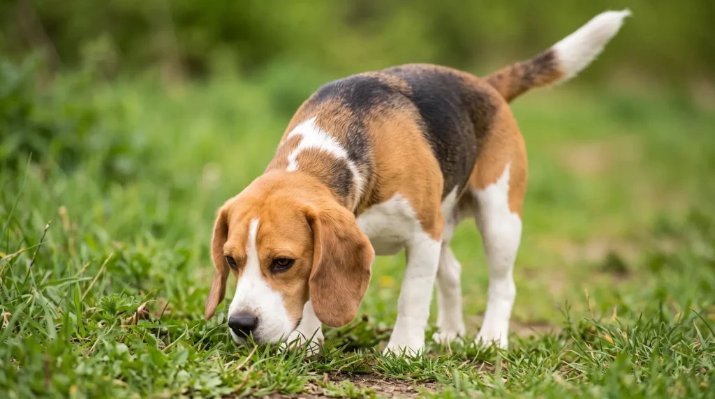 Çimenlik alanda yerdeki kokuyu takip eden üç renkli Beagle köpeği.