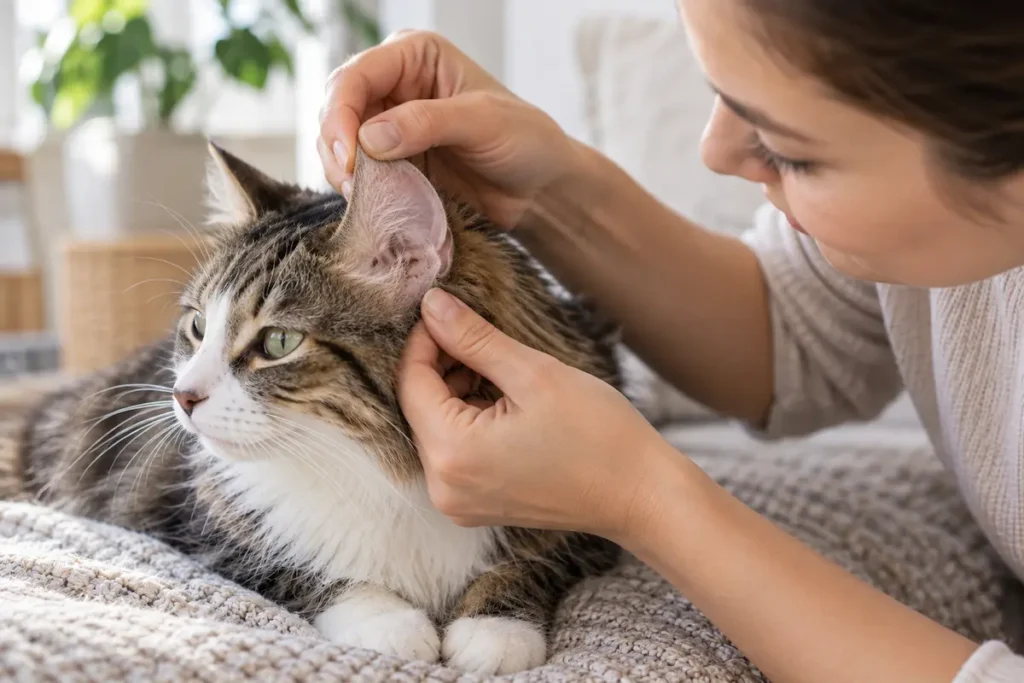 Kedinin dış kulak bölgesini nazikçe kontrol eden kedi sahibi.
