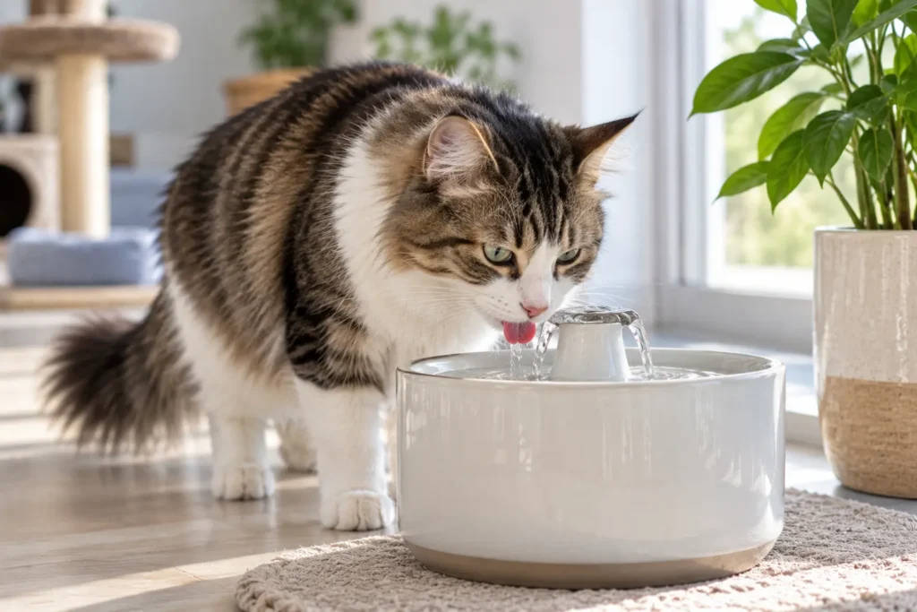 Üriner sağlık için su tüketimini artırmaya yardımcı olabilecek su pınarından içen kedi.