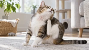 Boyun bölgesini kaşıyan ve deri alerjisi belirtileri gösteren yetişkin kedi.