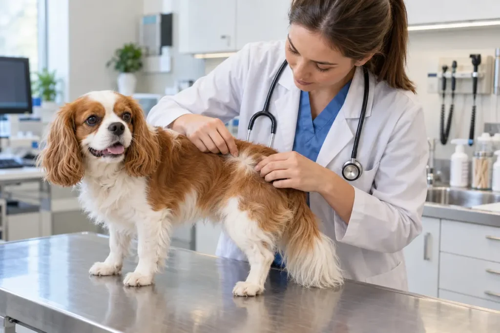 Tekrarlayan kaşıntısı olan köpeğin deri ve tüylerini kontrol eden veteriner hekim.