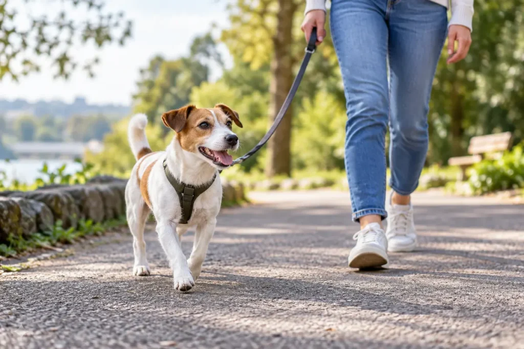 Sağlıklı vücut kondisyonundaki küçük köpekle yürüyüş yapan pet sahibi.