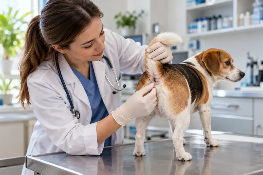 Köpeğin kuyruk altı ve anal bölgesini nazikçe muayene eden veteriner hekim.