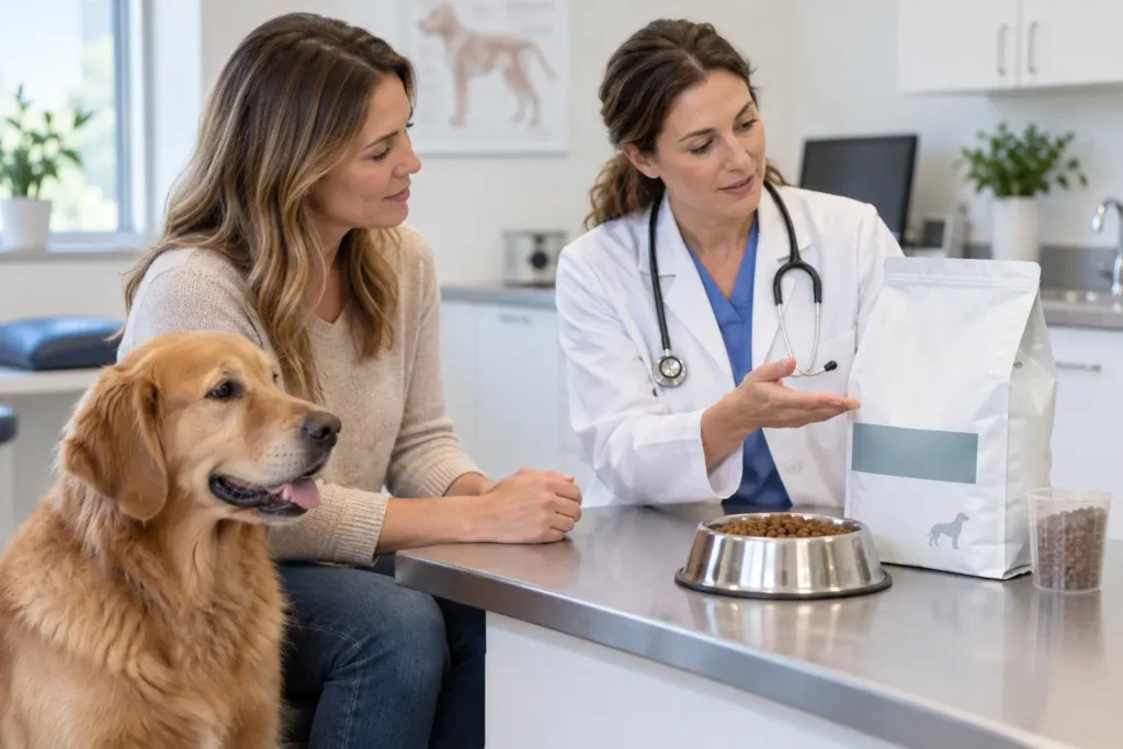 Böbrek hastalığı olan köpeğin beslenme planını sahibiyle değerlendiren veteriner hekim.