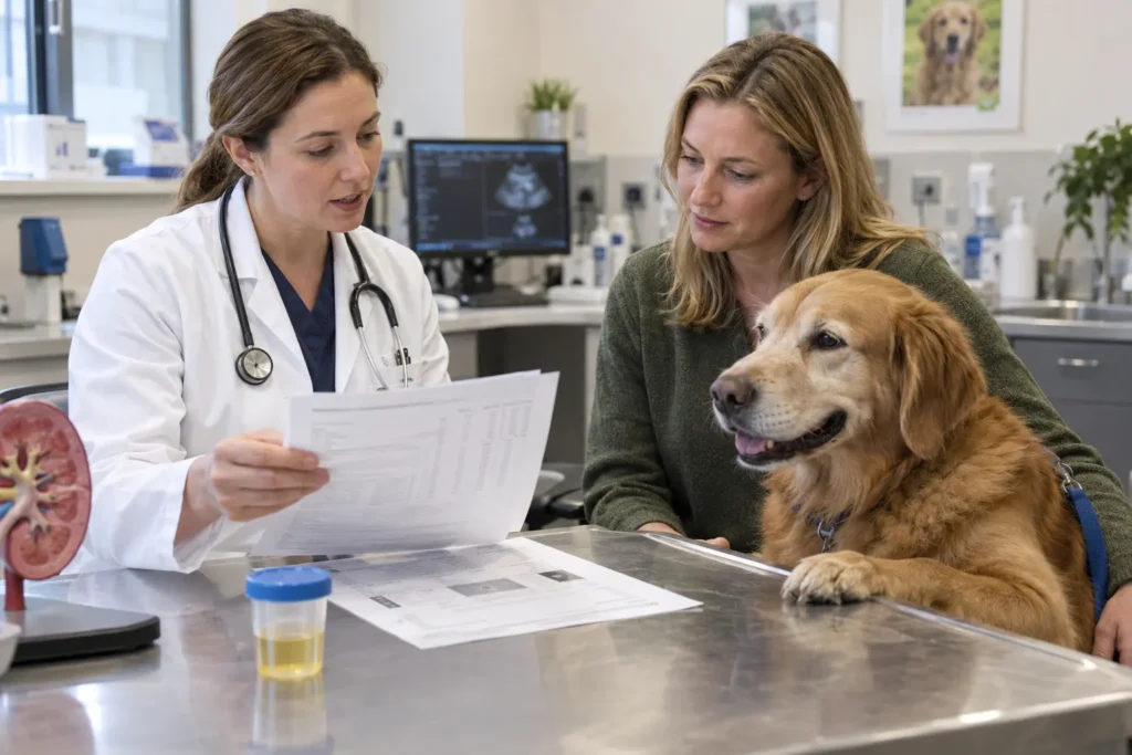 Köpeğin böbrek sağlığı için kan ve idrar sonuçlarını değerlendiren veteriner hekim.