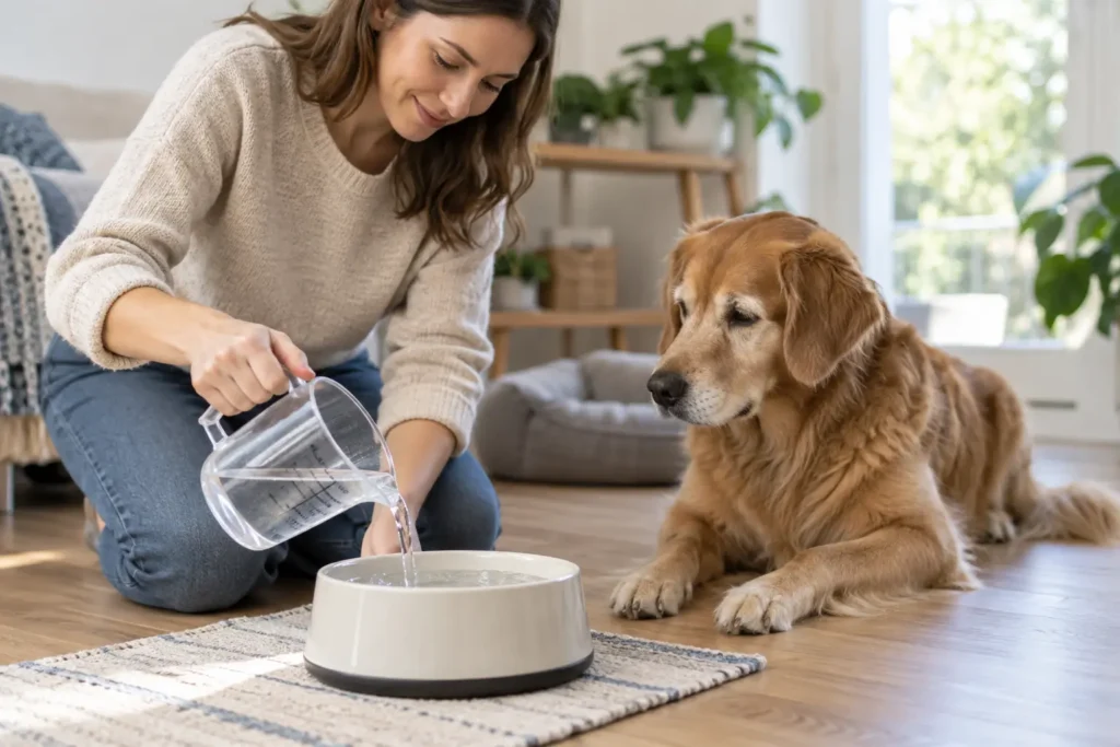 Köpeğinin günlük su tüketimini ölçerek takip eden pet sahibi.