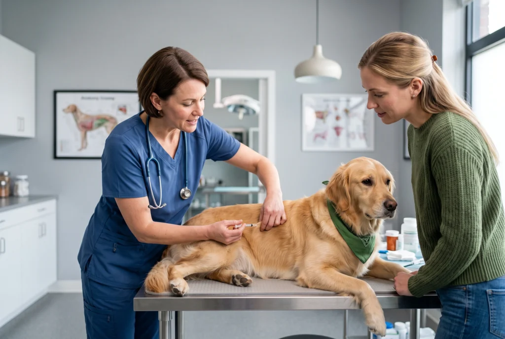 Diyabetik köpek sahibine veteriner hekim tarafından insülin uygulamasının öğretilmesi.