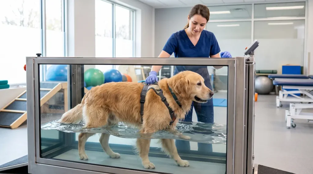 Veteriner rehabilitasyon uzmanı eşliğinde sualtı koşu bandında kontrollü egzersiz yapan köpek.