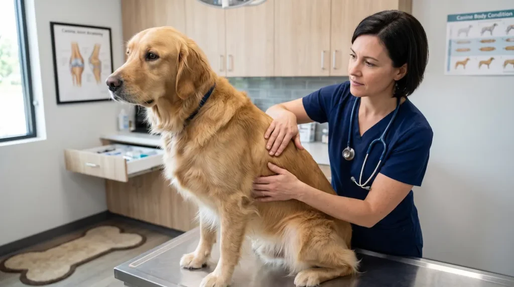 Kalça sağlığı açısından büyük ırk köpeğin vücut kondisyonunu değerlendiren veteriner hekim.