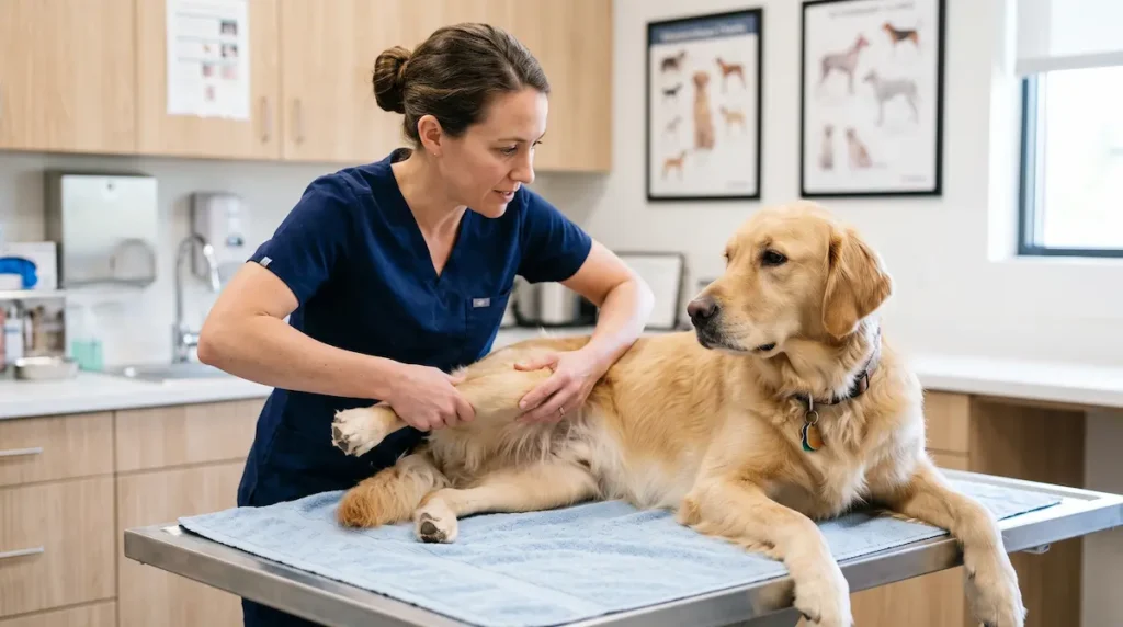 Köpeğin kalça sağlığının veteriner hekim tarafından değerlendirilmesi.