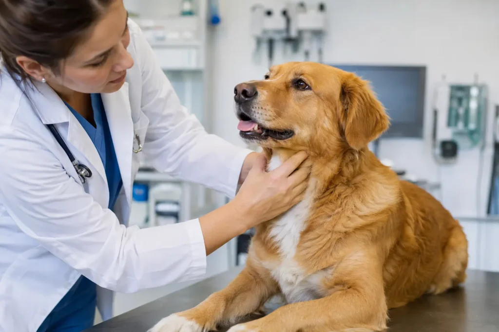 Kuru ve öğürmeli öksürüğü olan köpekte kennel cough için veteriner muayenesi.